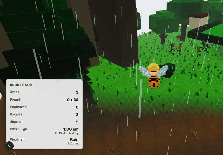 The bee in a yellow raincoat over the meadow, rain falling